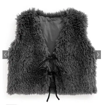 가죽 리본 퍼 숏 기장 베스트 GRL 그레이