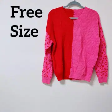 니트 스웨터 [ 프리 사이즈 ] 빨간색 핑크 바이컬러 레오파드 무늬 긴팔