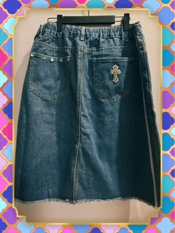 새상품 데님 미디 스커트 사이드 스트라이프 크로스 비쥬 포함