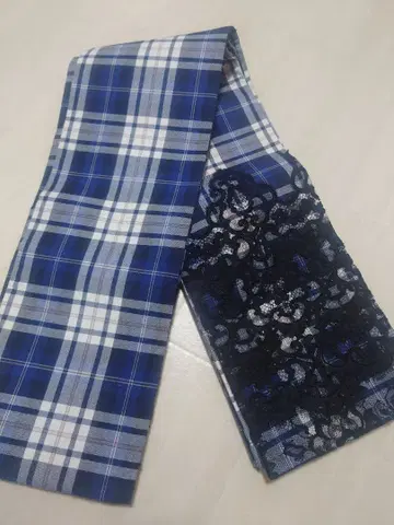 [부쇼안] 파랑 체크 무늬에 블랙 레이스의 반폭 오비