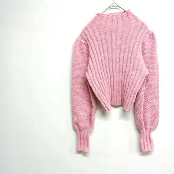 핑크 리브 하이넥 크롭 스웨터 프리 신축성 캐주얼