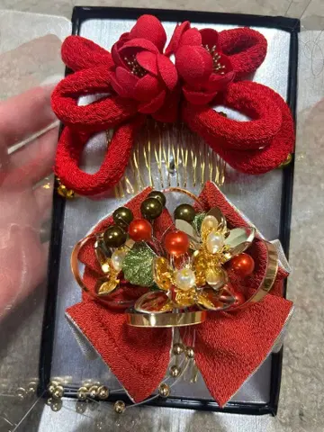 일본 의류 머리 장식 2개 세트 빨간색 계열