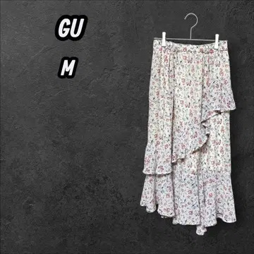 [지유] 플레어 스커트 비대칭 꽃무늬 프릴 걸리시 화이트 계열 M