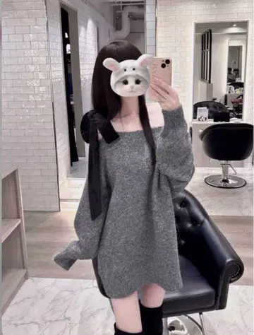 원숄더 벨로아 리본 니트 미니 원피스