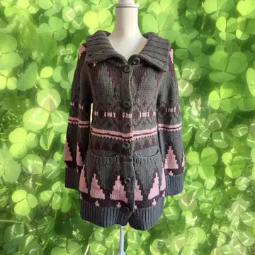 모리걸 히피 에스닉 기하학 패턴 다크 그린 니트 가디건