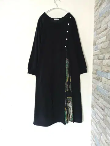 안감 플리스 이소재 절개 네이비 롱 원피스