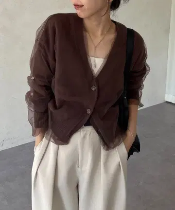 CAPRICIEUX LE MAGE 튤 레이어드 가디건 브라운