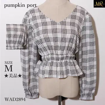 새상품급 호박 포트 블라우스 긴팔 체크 V넥 허리밴딩 고급