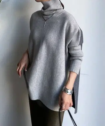 DOUDOU 차콜 그레이 오버 사이즈 터틀넥 니트