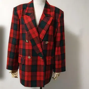 [미사용에 가까움] 빨간색과 짙은 녹색의 체크 무늬 더블 브레스트 자켓