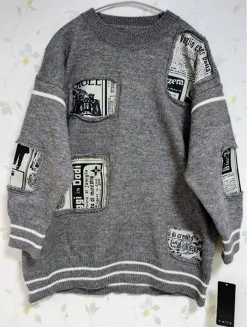 새상품 데미지 가공 프린트 니트 그레이 M~L 크루넥