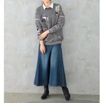 새상품 데미지 가공 프린트 니트 그레이 M~L 크루넥