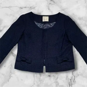 스픽 앤 스팬 트위드 노카라 자켓 네이비 리본