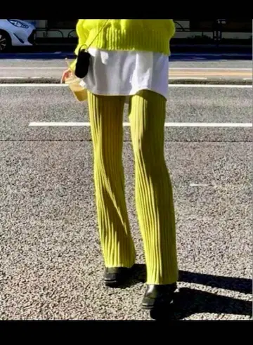 리브 편직 팬츠 라임 그린