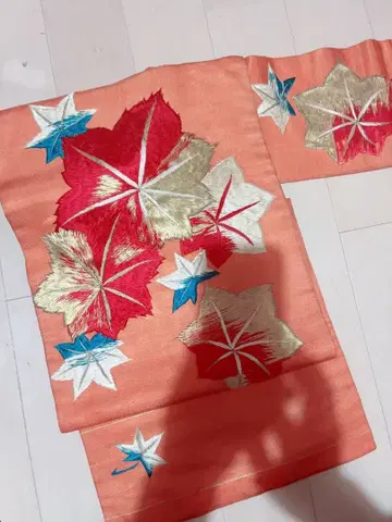 나고야 오비 단풍 자수 오렌지 앤티크