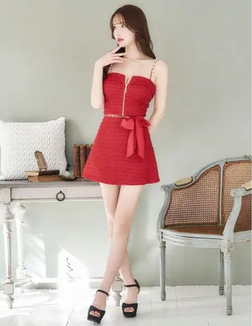 레드 미니 드레스 지퍼 포함 리본 포함