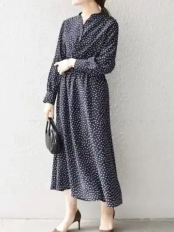 SHIPS 네이비 화이트 도트 무늬 긴팔 원피스