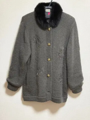 그레이 니트 가디건 퍼 옷깃