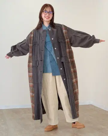 mililopiulu 샤기 체크 데님 롱 코트 GRAY