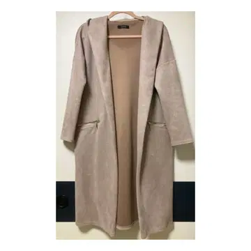SUREVE 핑크 베이지 후드 부착 롱 코트 M 스웨이드 조