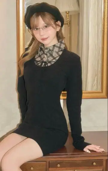 michelMacaron 셔츠 레이어드 스타일 니트 원피스 블랙