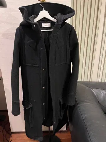 SISE 블랙 그레이 후드 부착 더플 코트