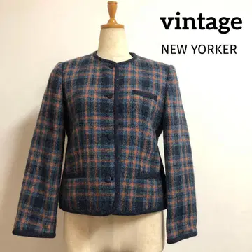 [ vintage ] 노카라 체크 자켓 네이비 오렌지