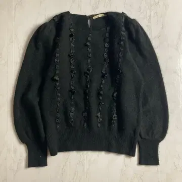 빈티지 디자인 니트 스웨터 퍼프 슬리브 M 블랙 울 구제 의류