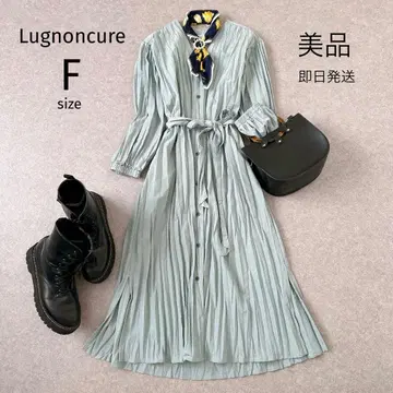 미사용품 Lugnoncure 플리츠 롱 원피스 벨트 포함 탁한 그린