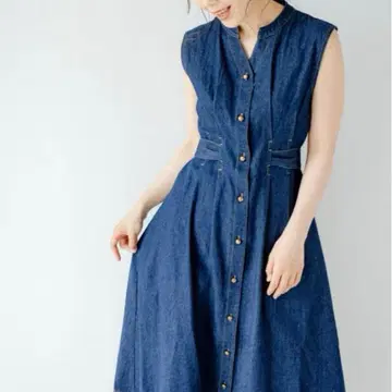 TRIANGLE PALETTE 허리 리본 데님 원피스 네이비