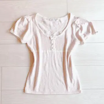 LIZLISA 계열 옅은 핑크 레이스 & 리본 & 펄 니트탑 히메 스타일