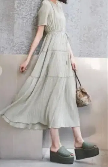 COCODEAL 플리츠 롱 원피스 민트 그린