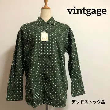 그린 화이트 도트 패턴 긴팔 블라우스 일본제 (버튼 여밈은 신사)