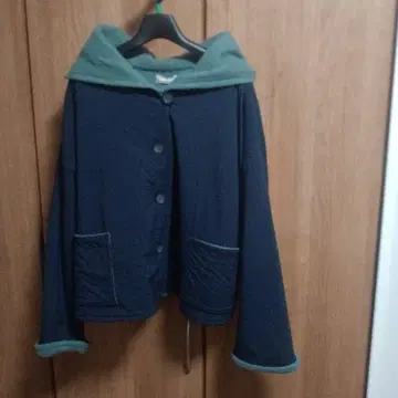 후드 부착 네이비와 그린 자켓