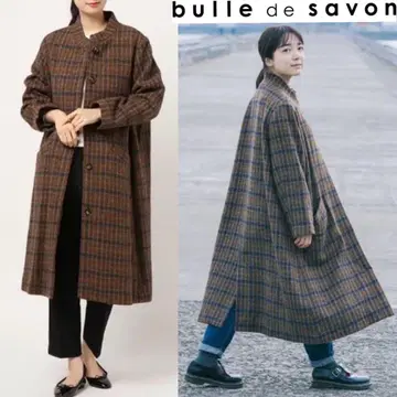 뷔르데사봉 울 해링본 체크 스탠드 칼라 코트 브라운 체크