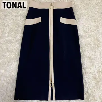 컨디션 최상 TONAL 바이컬러 플랩 포켓 ZIP 타이트 스커트 네이비
