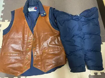 레어/새상품급/다운 베스트 가죽/나일론 브라운/네이비