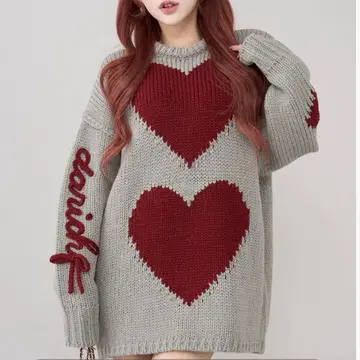 다리치 하트 로고 로우게이지 니트 튜닉 그레이