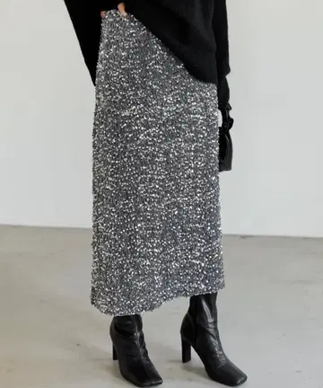 스팽글 컷 벨로아 타이트 스커트 실버