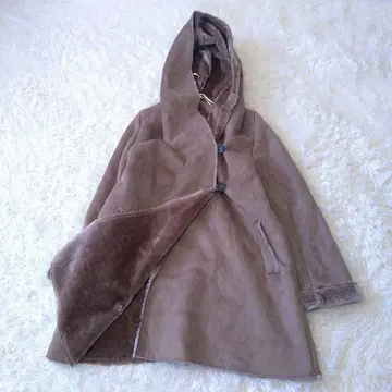 후드 부착 롱 에코 무스탕 코트 M 모카 베이지 따뜻한 아우터