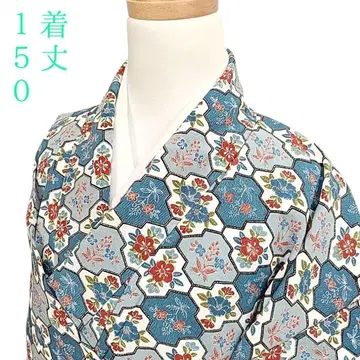 W92 기모노 이중 기모노 기장 150cm 화학 섬유 꽃 파랑 화이트