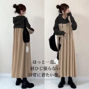 후드 부착 롱 원피스 베이지와 블랙