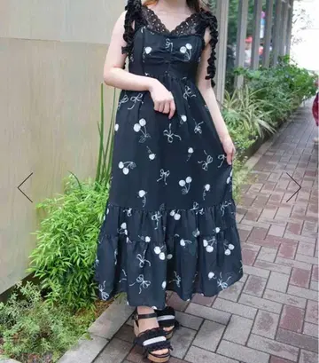 axes femme 체리 패턴 프릴 리본 원피스 블랙 F 사이즈