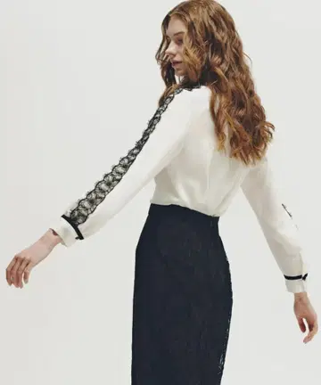 레이스 콤비 바이컬러 리본 블라우스 38