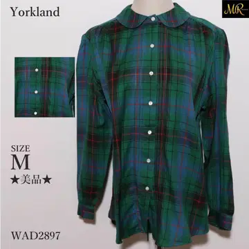 새상품급 요크랜드 상의 셔츠 긴팔 체크 무늬 둥근 카라 레트로 디자인