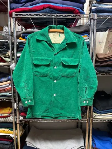 50s 오픈 카라 셔츠 코듀로이 그린 레이온 코튼