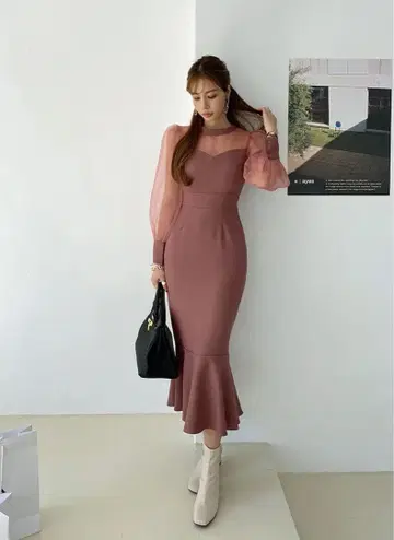 시스루 배색 리본 머메이드 원피스