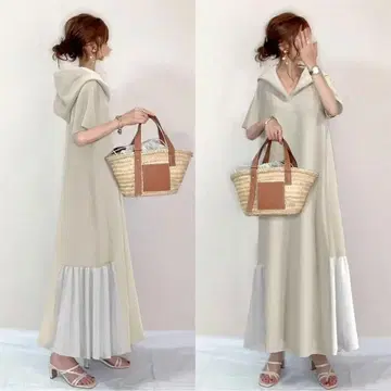 후드 부착 베이지 티셔츠 롱 원피스