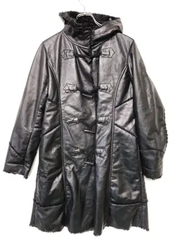 90s K.T 구제 의류 인조 가죽 후드 부착 더플 롱 코트