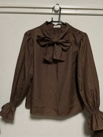 여성용 브라운 체크 무늬 블라우스